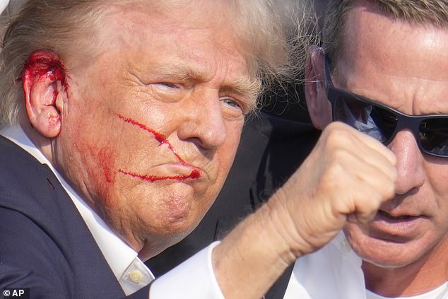 Republican presidential candidate and former President Donald Trump gestures as he is surrounded by U.S. Secret Service agents as he is helped off the stage at a campaign rally in Butler, Pa., Saturday, July 13, 2024.