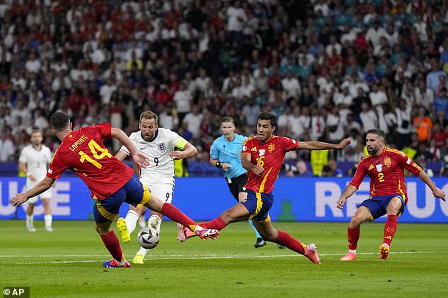 Rodri appears to have been injured when trying to block Harry Kane's (number 9) shot