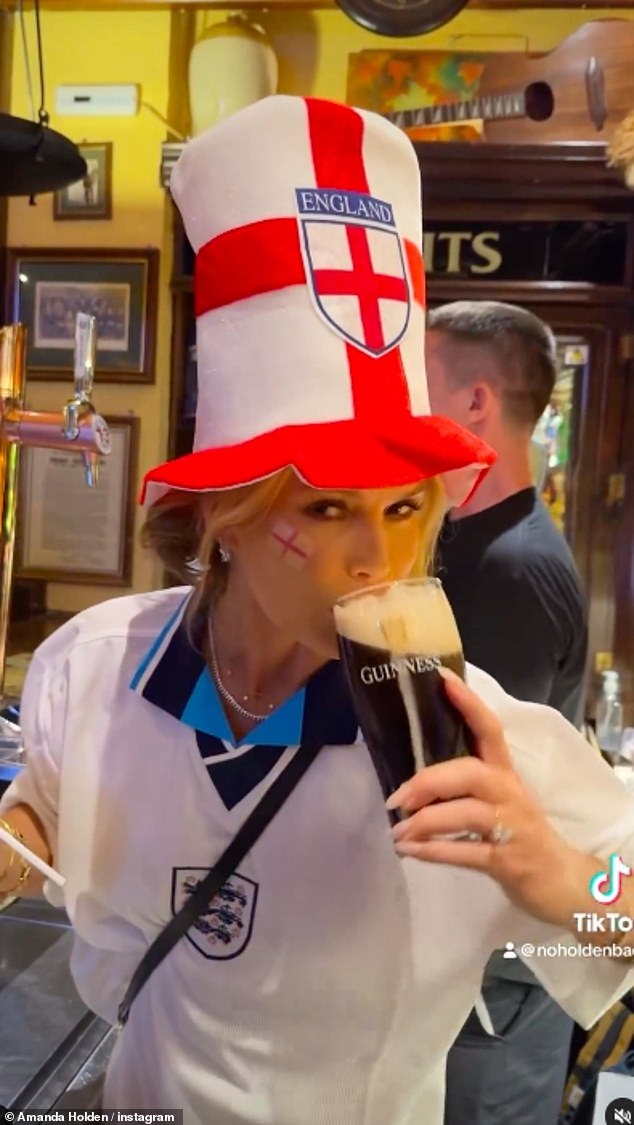 Meanwhile, Amanda Holden dressed to impress in full England attire and a novelty hat for her Instagram posts as she enjoyed a Guinness.