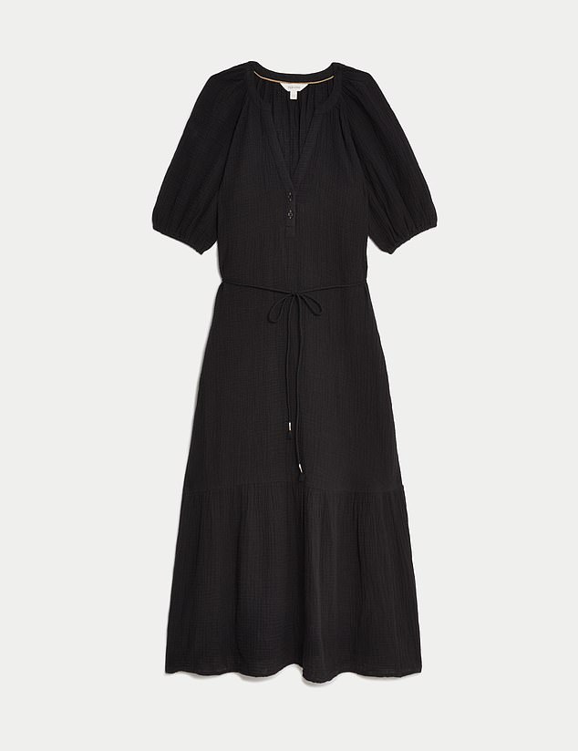 Marks and Spencer's textured black layered dress (£45) has a gently cinched tie waist.