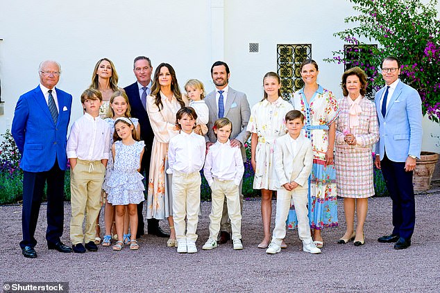 Pictured: King Carl Gustaf, Queen Silvia, Crown Princess Victoria, Prince Daniel, Princess Estelle, Prince Oscar, Prince Carl Philip, Princess Sofia, Prince Alexander, Prince Gabriel, Prince Julian, Princess Madeleine, Chris O'Neill, Princess Leonor, Prince Nicolas and Princess Adrienne.