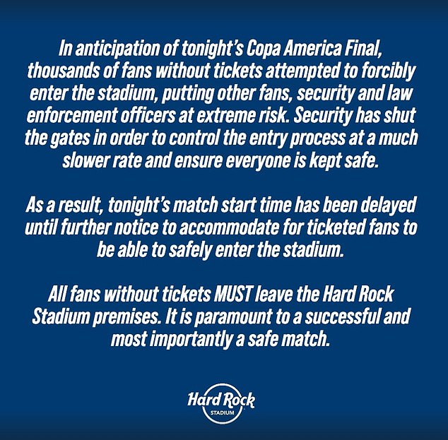 Hard Rock Stadium officials ordered fans without tickets to leave the venue immediately.