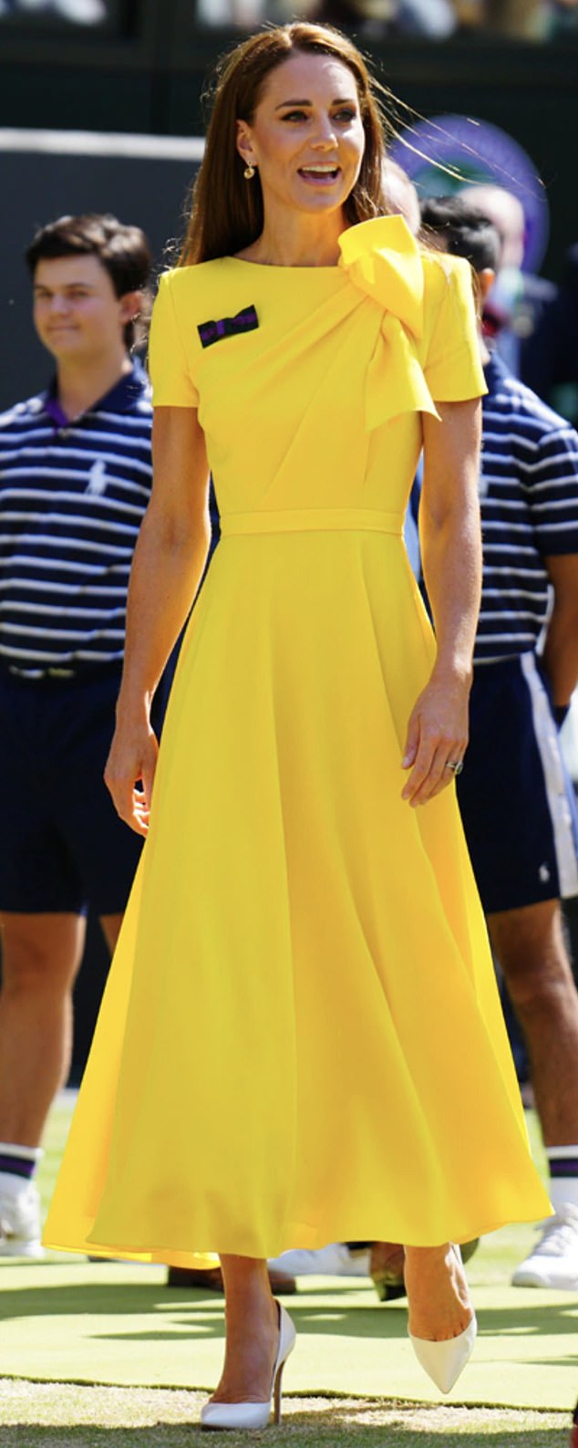 Kate Middleton wore her green and purple Wimbledon bow on her bright yellow Roksanda dress in 2022