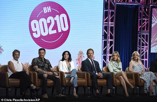 Gabrielle Carteris, Brian Austin Green, Shannen Doherty, Ian Ziering, Jennie Garth and Tori Spelling are seen participating in a BH90210 panel in August 2019 in Beverly Hills.