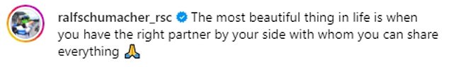 Ralf, 49, shared a picture of himself and another man hugging each other accompanied by a touching message that read: 'The most beautiful thing in life is when you have the right partner by your side with whom you can share everything.'