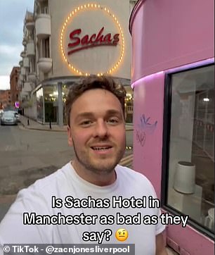 Zac (above) has amassed over 70,000 followers on his TikTok account @zacjonesliverpool. He is pictured above outside the Sachas Hotel in Manchester.