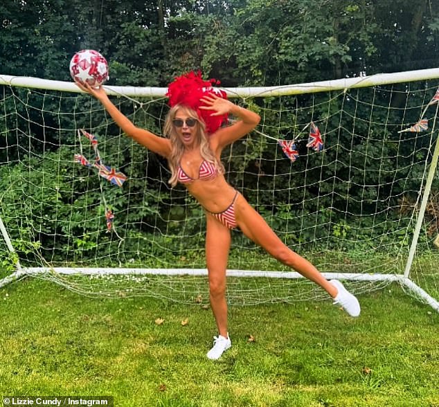 Before the match, Lizzie showed her support for England by posing in a tiny bikini on Friday.