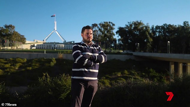 Bruce Lehrmann is pictured outside Parliament House in Canberra, during a promotion for his revealing Spotlight interview