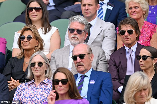 Lleyton and Bec looked excited to attend the final day of the world-famous tennis championship, and were seen sitting alongside a host of A-list stars including Tom Cruise (right), Benedict Cumberbatch and Sophie Hunter.