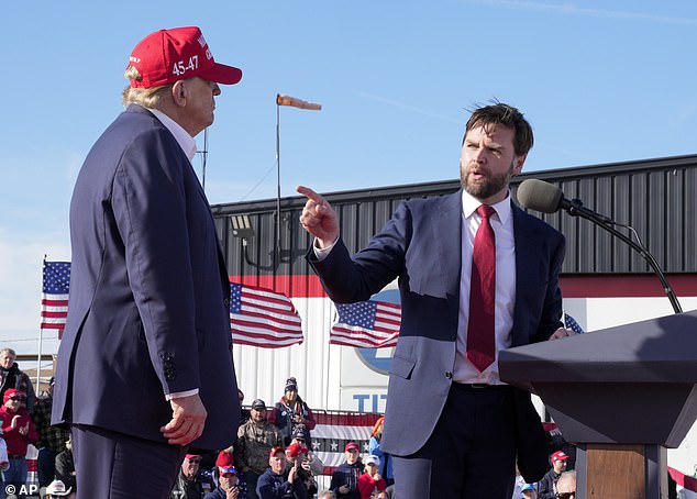 Former President Donald Trump campaigns with Sen. J.D. Vance in Vandalia, Ohio, in March. Trump has apparently taken note of a slimmer Vance and has said that 