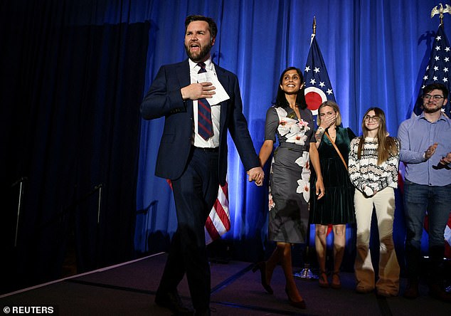 Usha Chilukuri Vance with her husband JD Vance arrives at his 2022 election night party after being declared the winner of the Ohio Senate race on November 8, 2022.