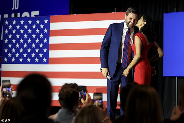 JD Vance kissed by his wife Usha on the night of the Ohio Senate primary on May 3, 2022