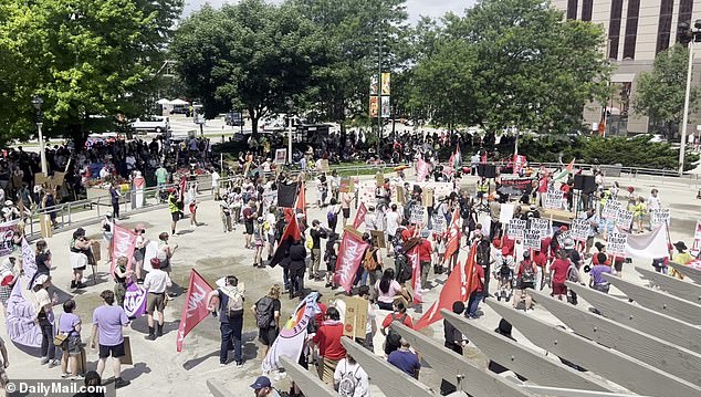 Hundreds of protesters turned out for the event, many of them seen in the shade of trees as temperatures during the march reached the 80s.