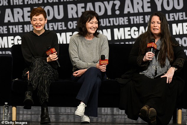 The duo are pictured with Rose McGowan in February 2024.