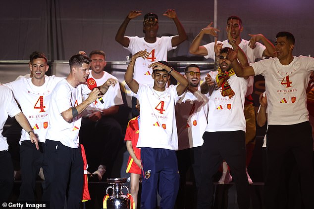 Lamine Yamal (centre), 17, was encouraged to perform a special dance for the crowd.