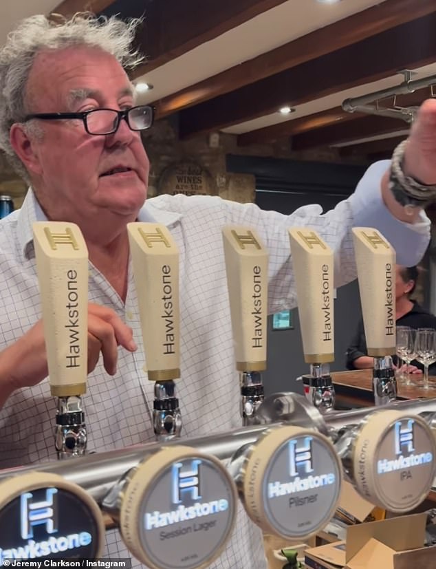 The Grand Tour host acted like a true proprietor as he served customers his own Hawkstone beer, which is brewed at his nearby Diddly Squat Farm.