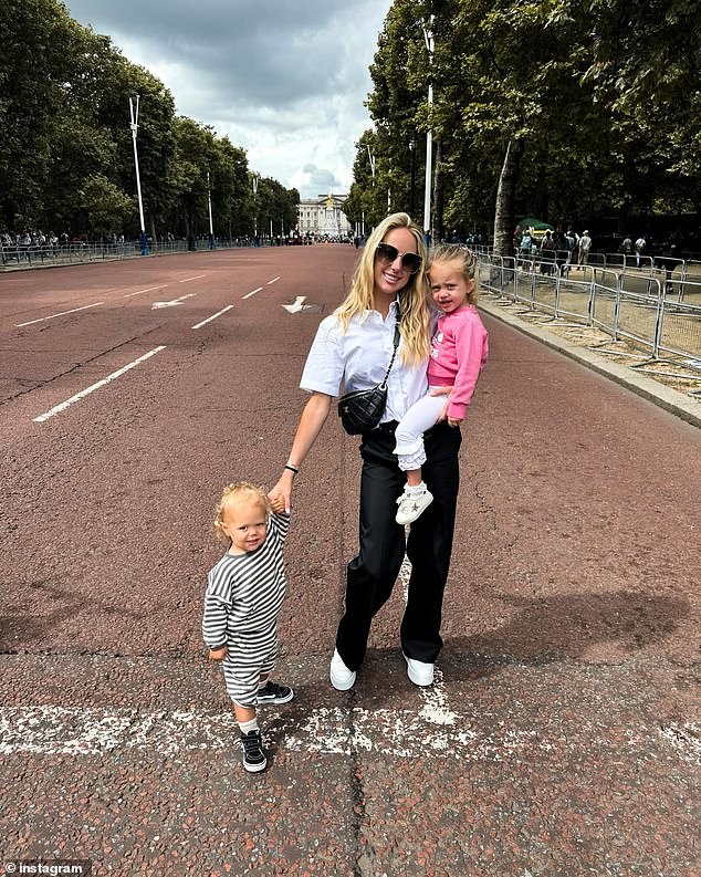 Mahomes is seen with his two children, Sterling and Bronze, during a recent trip to London.