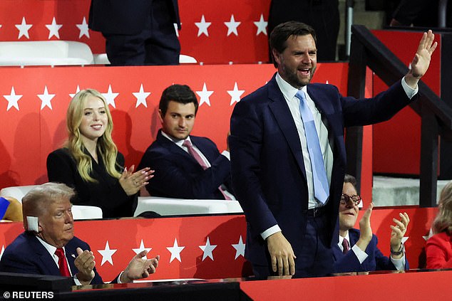 Tiffany Trump (top left) applauds alongside her husband Michael Boulos (center) as Sen. JD Vance (right) is introduced Monday night as former President Donald Trump's running mate (bottom left)