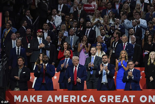 Seated in the friends and family box were (bottom row) Tucker Carlson, Rep. Byron Donalds, former President Donald Trump, Sen. JD Vance, House Speaker Mike Johnson, (top row) Kimberly Guilfoyle, Donald Trump Jr., Eric Trump, Lara Trump and Tiffany Trump.