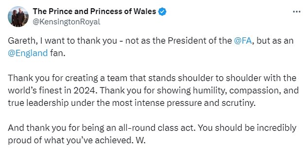 Prince William wanted to thank Southgate as an England fan and not as president of the Football Association.