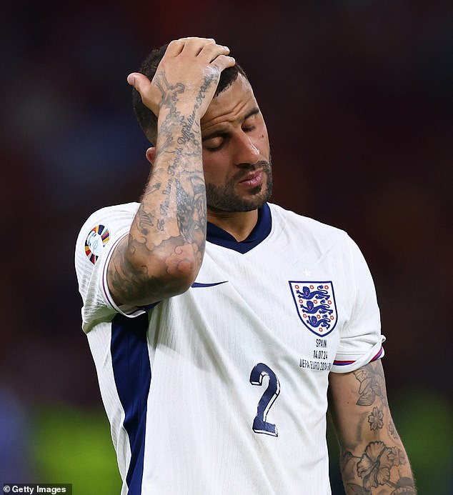 Kyle Walker looked devastated as England lost the Euro 2024 final to Spain on Sunday