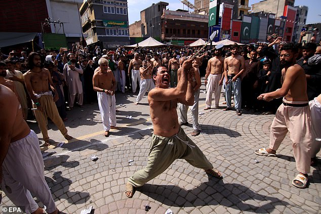 The bloody ceremonies include men of all ages scalping themselves or whipping themselves with blades attached to chains.