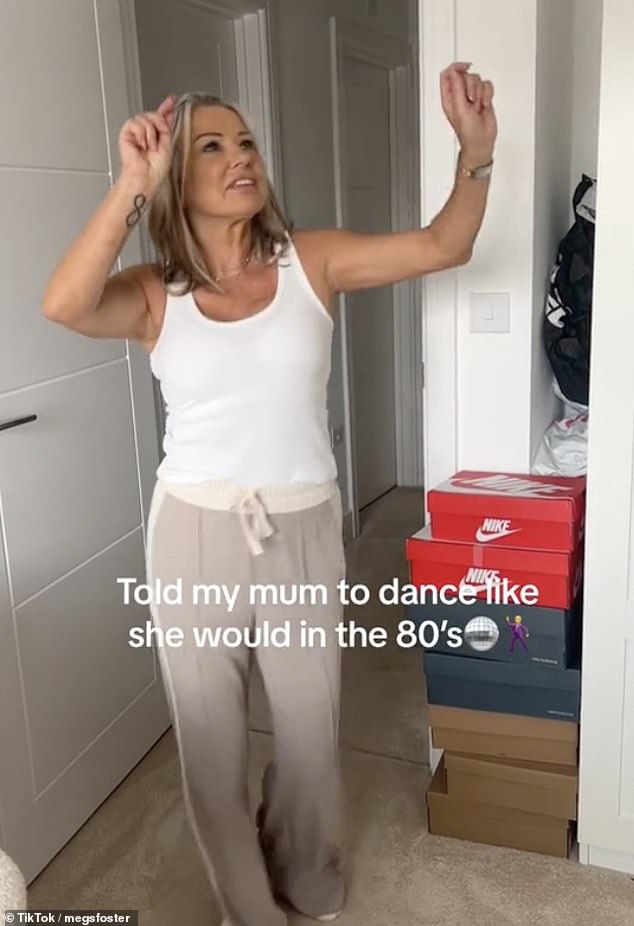 TikToker Meg from the UK also got in on the trend, asking her mum (pictured) to dance while she stared at the threshold of her bedroom.