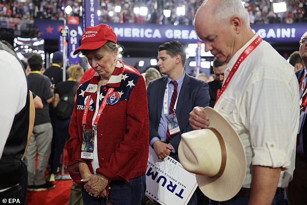 Delegates prayed on the floor of the Republican Convention on a night when Trump appeared with a bandage on his injured ear.