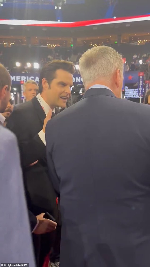 Rep. Matt Gaetz, R-Fla., mocked former President Kevin McCarthy on the convention floor Tuesday while giving an interview.