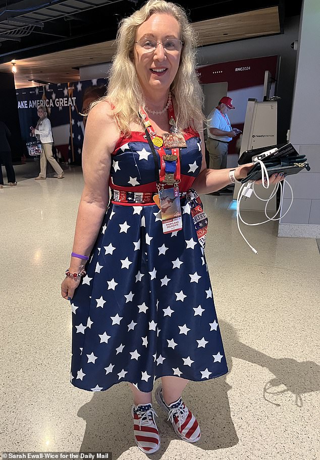 Anne Rutherford from Maryland in a star-studded dress and sneakers