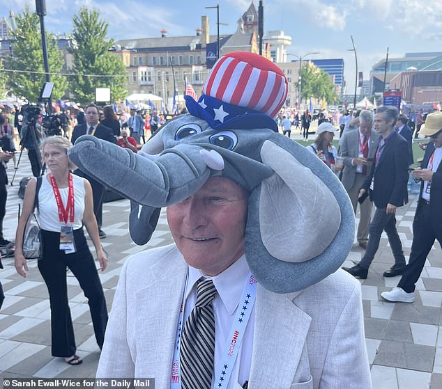 Delegate Hank McCain wearing an elephant hat outside the convention on the second day