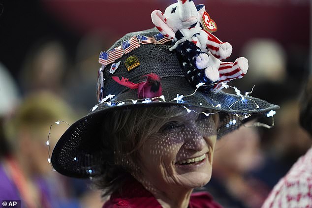 Ohio Delegate Renae Lentz wears a hat with an elephant on it at the Republican National Convention