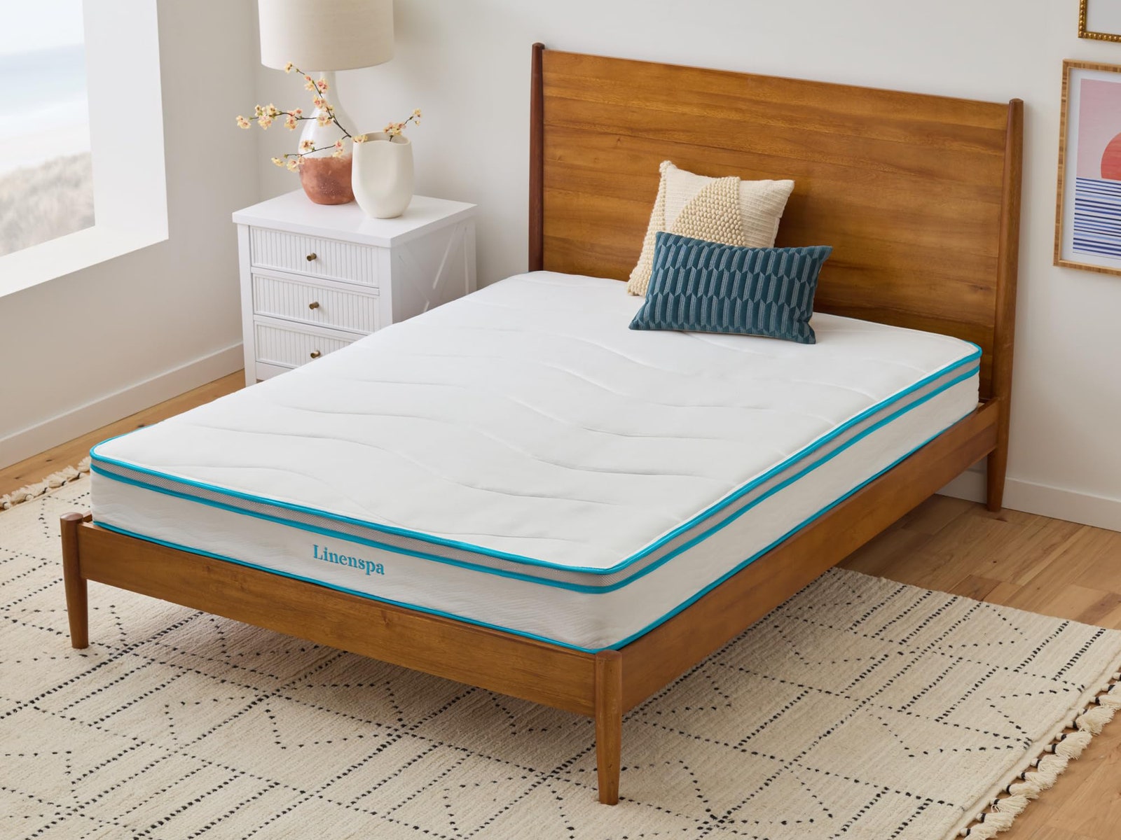 Linenspa mattress on a bed frame in a bedroom