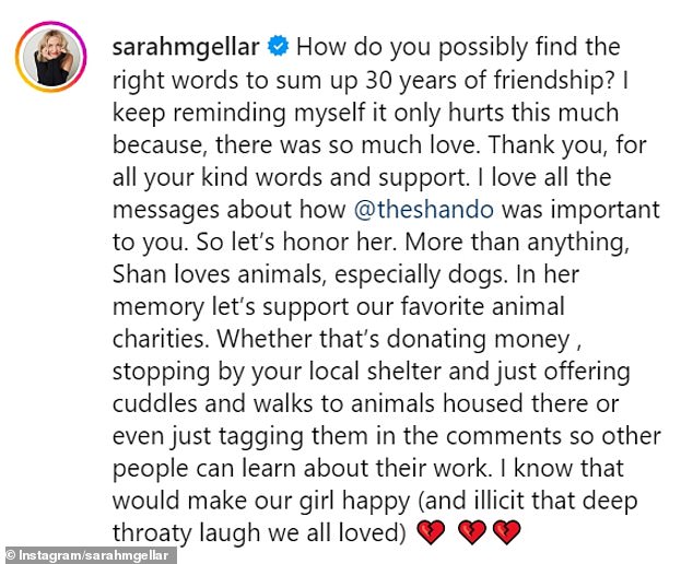 Sarah shared a touching tribute to her late friend Shannen, who died on Saturday, July 13 at age 53 after battling breast cancer.