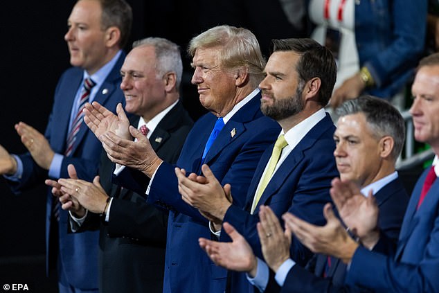 Republican presidential candidate and former President Donald Trump attends the second day of the Republican National Convention (RNC) at the Fiserv Forum in Milwaukee, Wisconsin