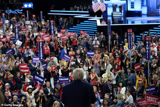 Trump looks out at the crowd during the second day of the convention