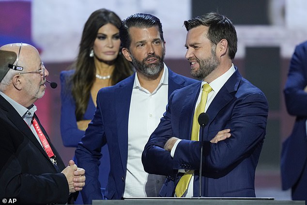 Sen. JD Vance prepares for his Wednesday night speech after being announced as Trump's running mate. He is pictured with Donald Trump Jr. and Kimberly Guilfoyle