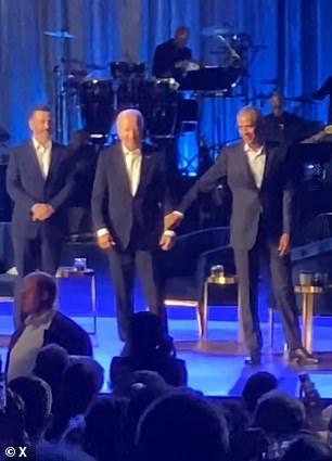 Former President Barack Obama had to grab Biden's arm to help him off the stage at a fundraiser in Los Angeles, California.