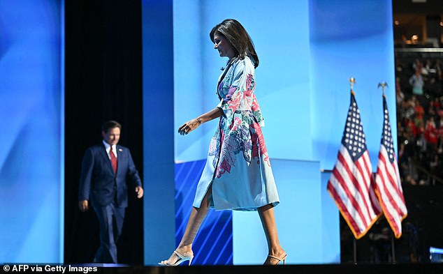 DeSantis spoke after his former 2024 primary running mate, Nikki Haley (pictured), spoke in a section of 