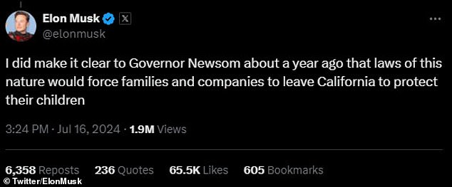 Musk said he had previously spoken to California's governor about his progressive policies, warning that they could force companies out of the state.