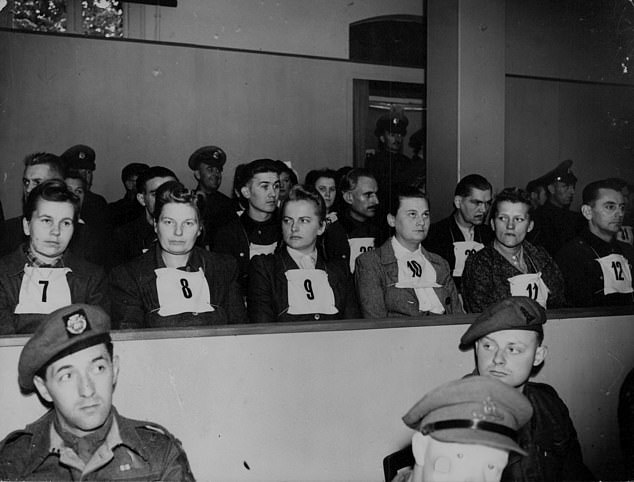 Defendants at the Belsen war crimes trial in Lüneberg, Germany (Grese is number 9 and Volkenrath is number 7)