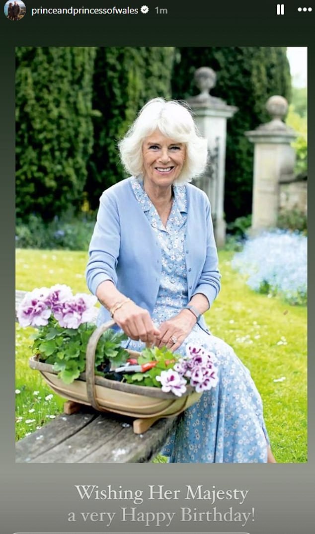 The Prince and Princess of Wales shared a photo of Her Majesty in the garden of their home in Raymill in Wiltshire.