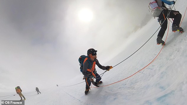 This image shows Oli tackling a 50-degree climb to Denali High Camp at 5,250 m (17,224 ft).