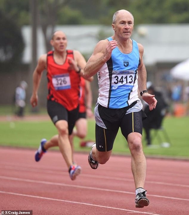 Mr James participates in a foot race, above