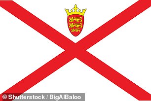 Pictured is the flag of Jersey, which features a red St Andrew's cross on a white background and a Plantagenet crown.