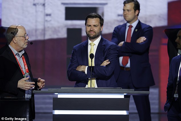 Vance will address delegates on Wednesday evening. He is pictured here during a tour on Tuesday, looking at the stage and lectern at Fiserv Forum.