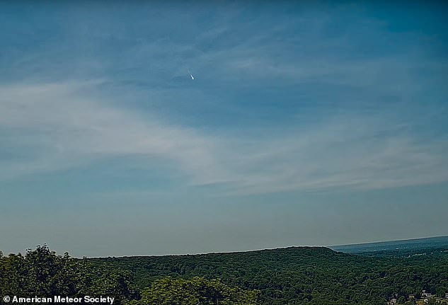 The second video, recorded from Northford, Connecticut (still above), shows a higher-resolution image of the fireball as it burned over forested hills like a midday shooting star.