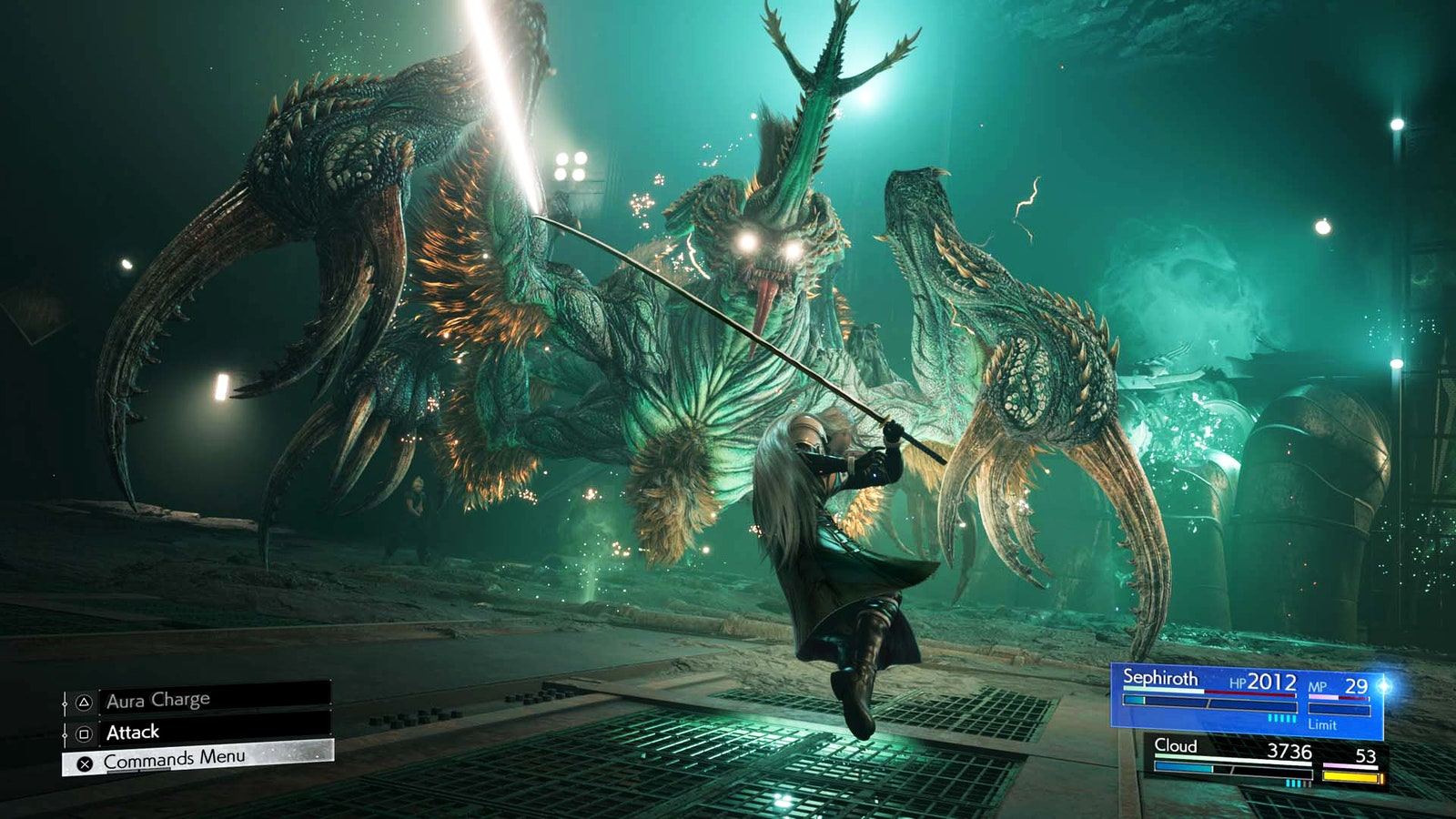 A video game character fighting a large monster.