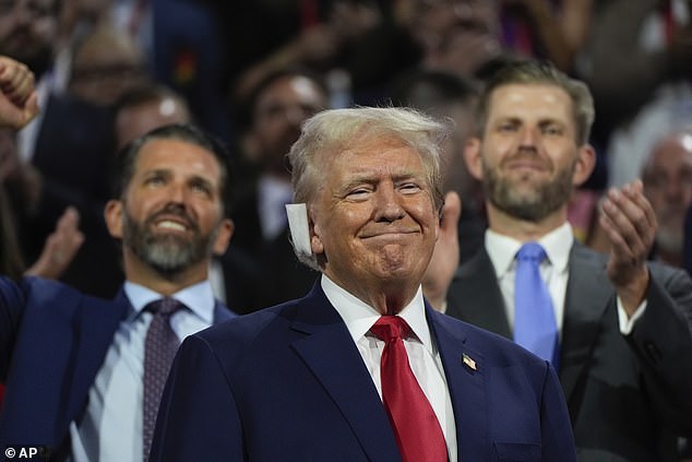 Former President Donald Trump, who officially became the Republican nominee early Monday, made a brief appearance at the end of the first day of the Republican National Convention and smiled as Amber Rose spoke.