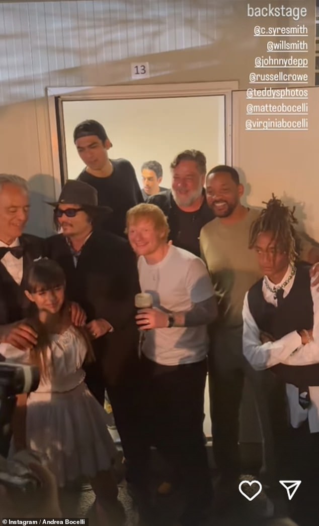 Smith, 55, was pictured catching up with Bocelli, 65, after the star-studded concert, which was held in Bocelli's hometown of Lajatico in Tuscany, Italy. He was joined by Ed Sheeran, Russell Crowe and Johnny Depp, who all performed that night.